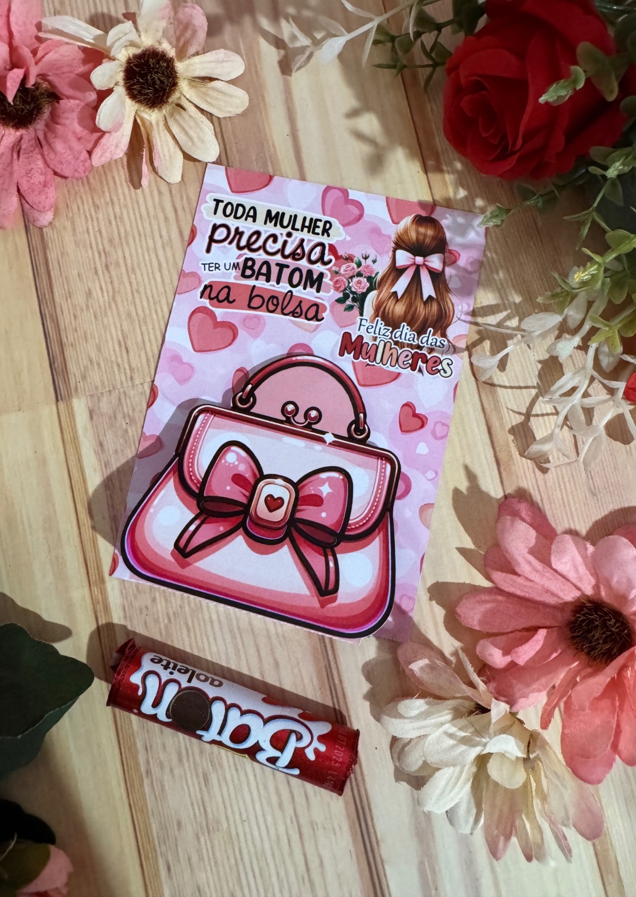 Card Dia da Mulher com Bolsinha e Chocolate Batom