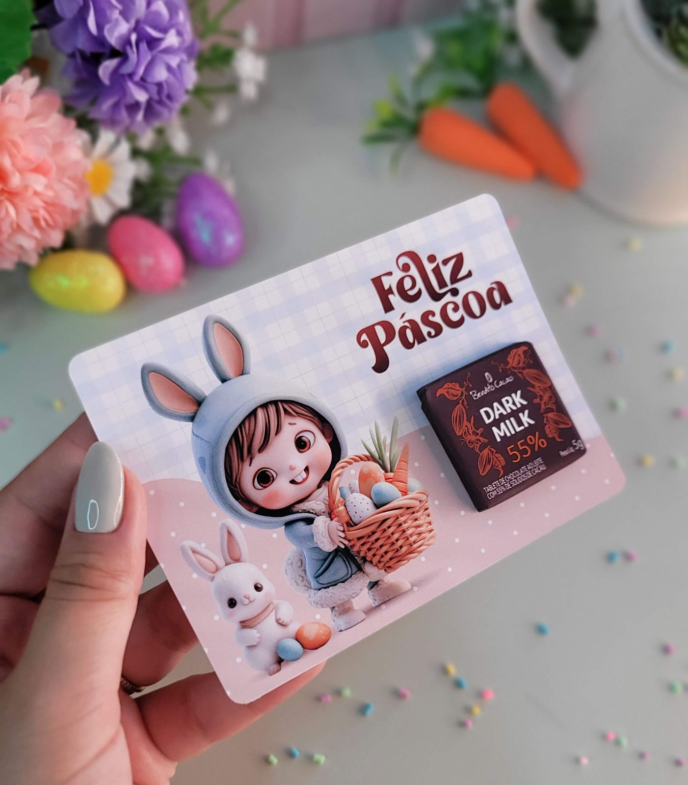 Card personalizado com mini chocolate para Páscoa